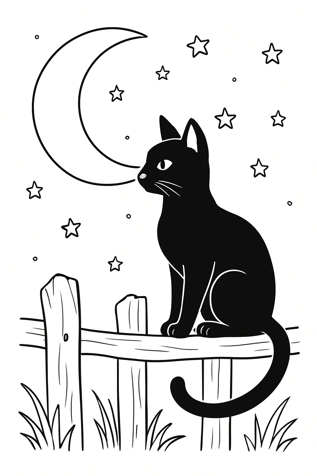 A cute black cat sitting on a fence under a large moon in this fun black cat in moonlight coloring page.