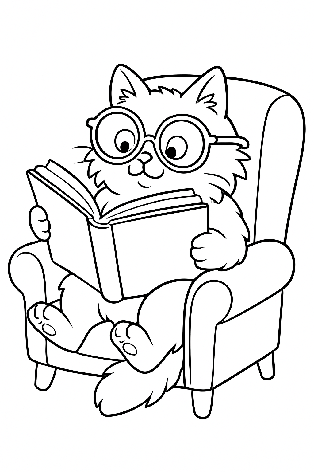 A funny cat with glasses reading a large book in an armchair on a cat reading a book coloring page.