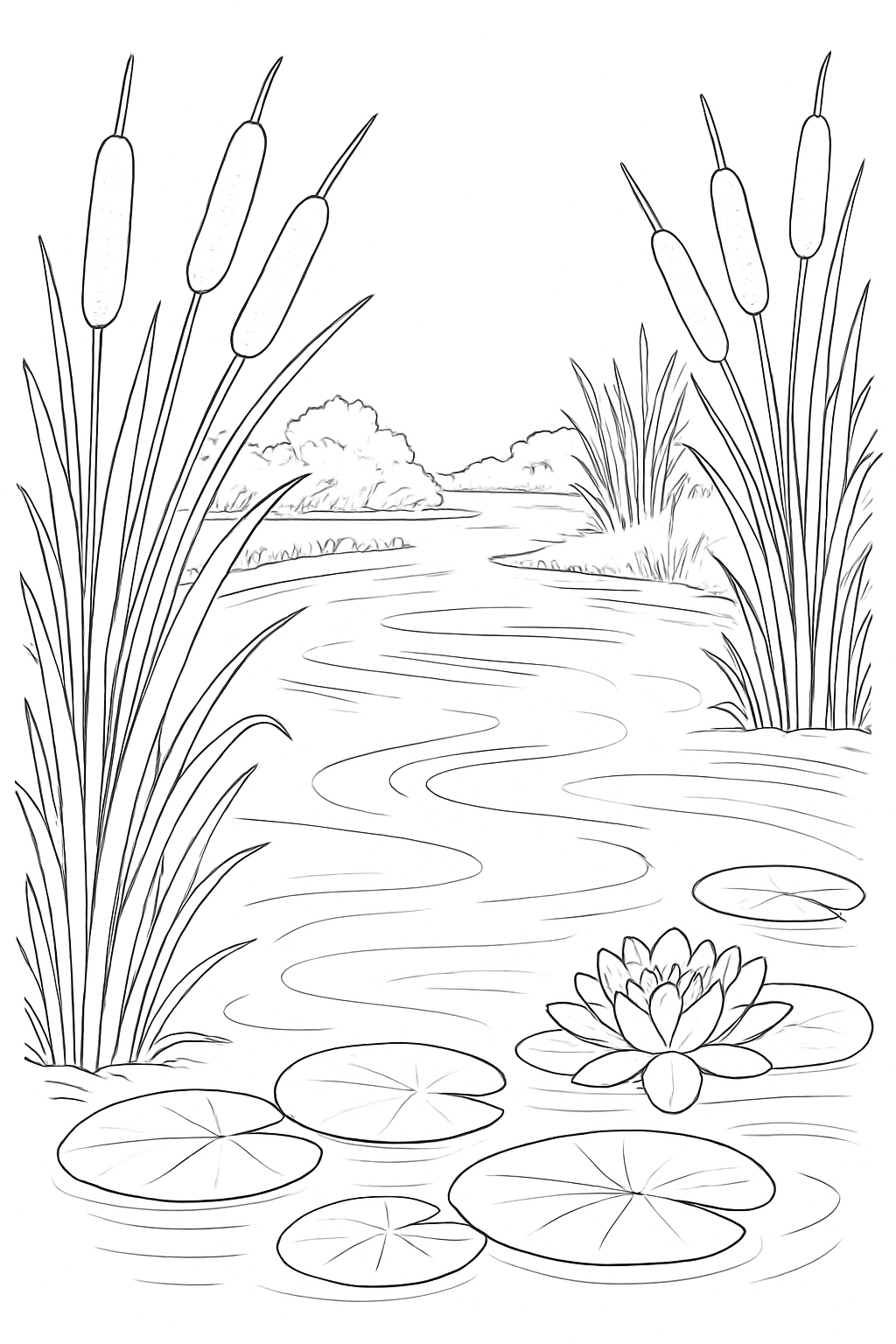 A peaceful cattail river scene coloring page featuring realistic reeds and lily pads.