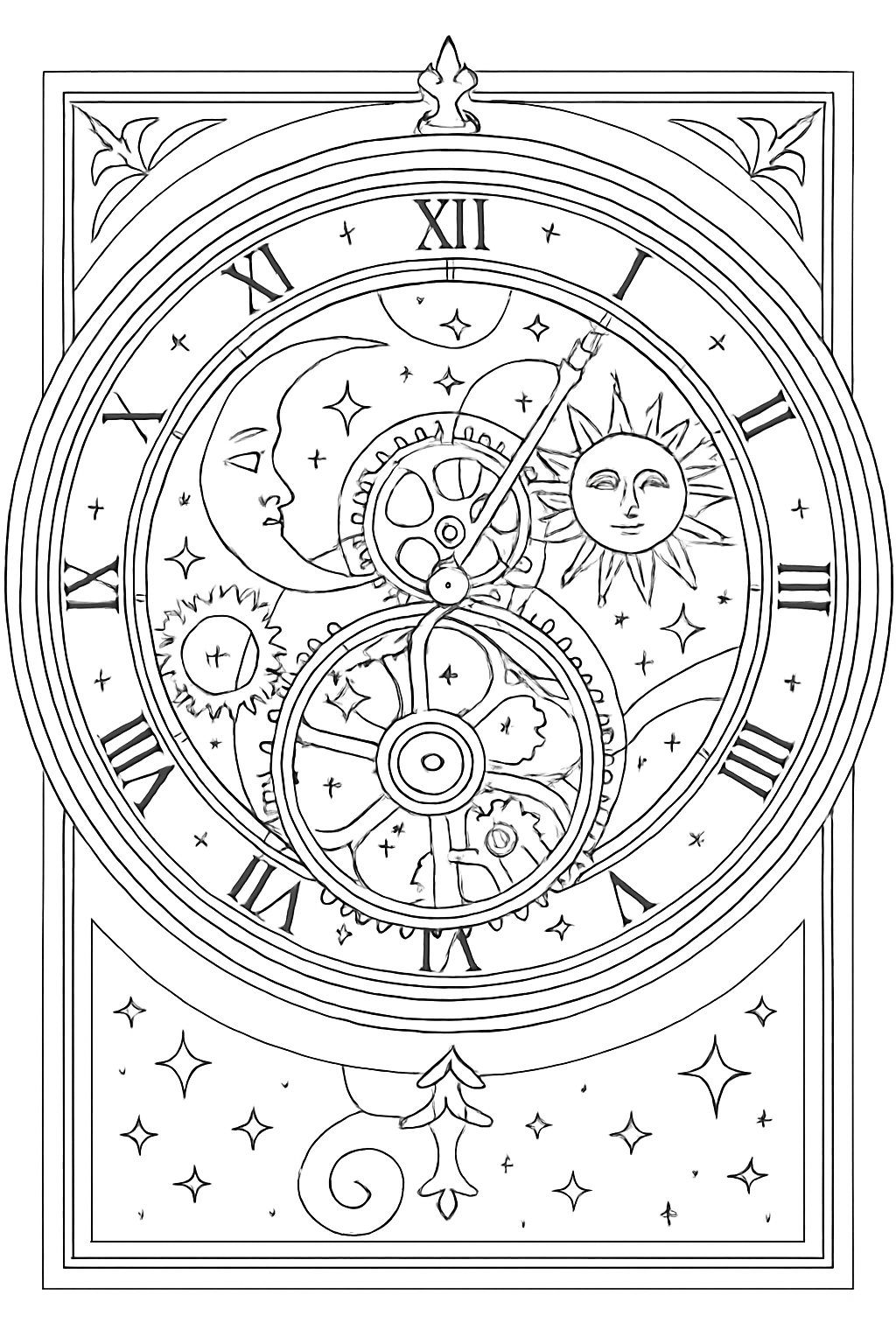 Intricate celestial astronomical clock coloring page with moon and star motifs.