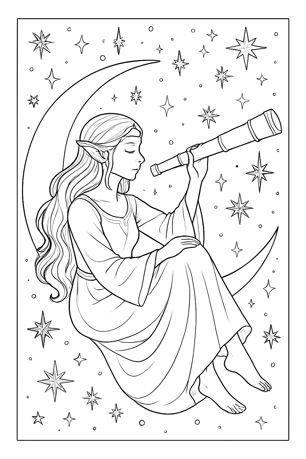 Detailed celestial elf astronomer coloring page featuring a magical elf perched on a crescent moon.
