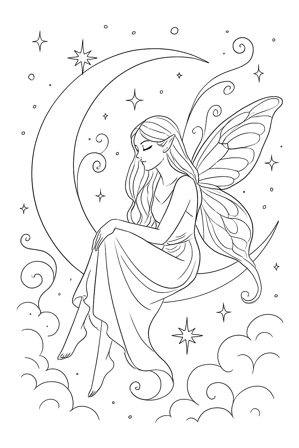 Detailed celestial fairy coloring page featuring a fairy sitting on a moon with stars.