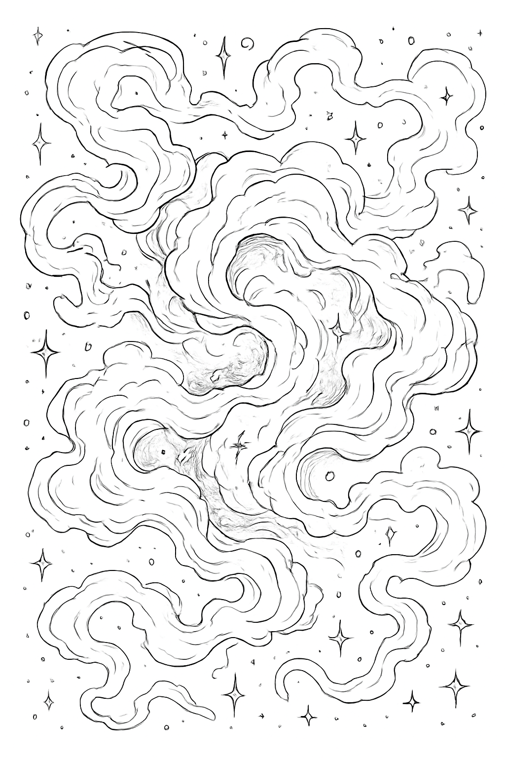 Detailed celestial nebula coloring page featuring swirling gas patterns and twinkling stars.