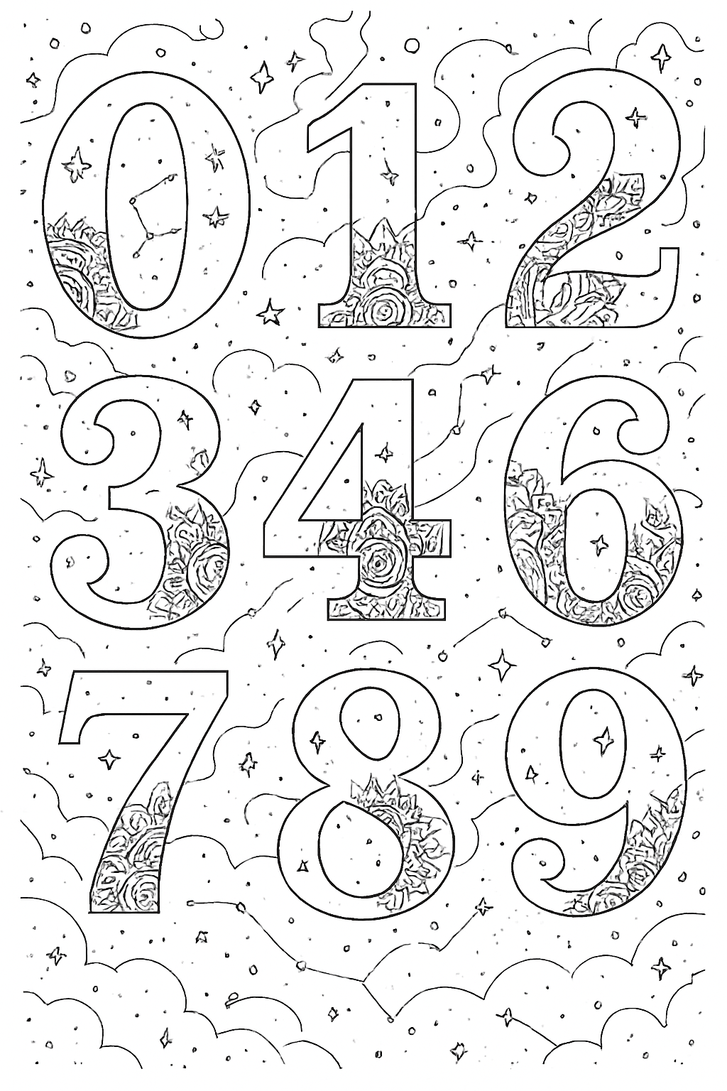 Detailed celestial numbers coloring page featuring stars and cosmic patterns.
