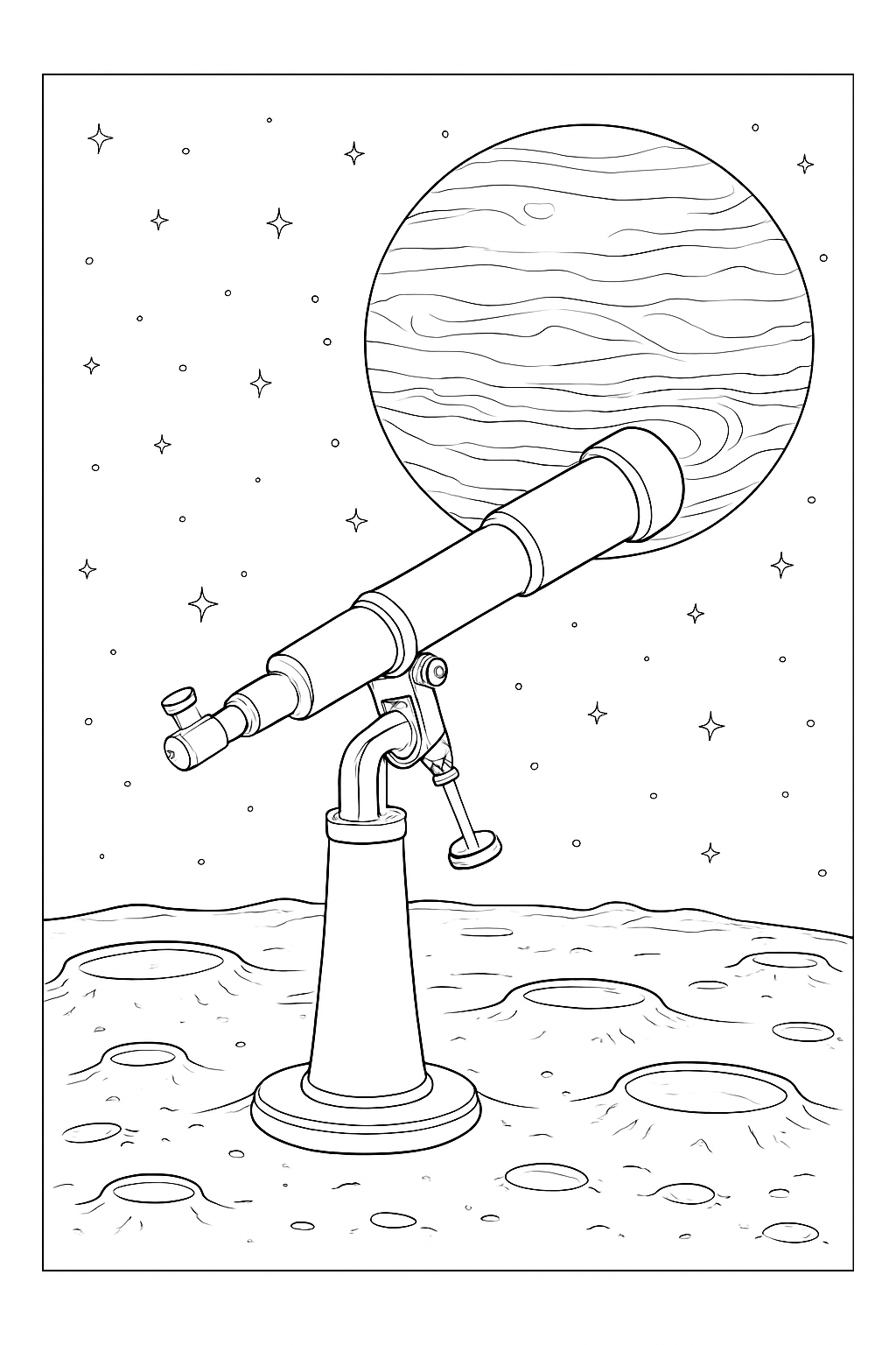 A detailed solar system observatory coloring page featuring a telescope overlooking a massive, textured planet.