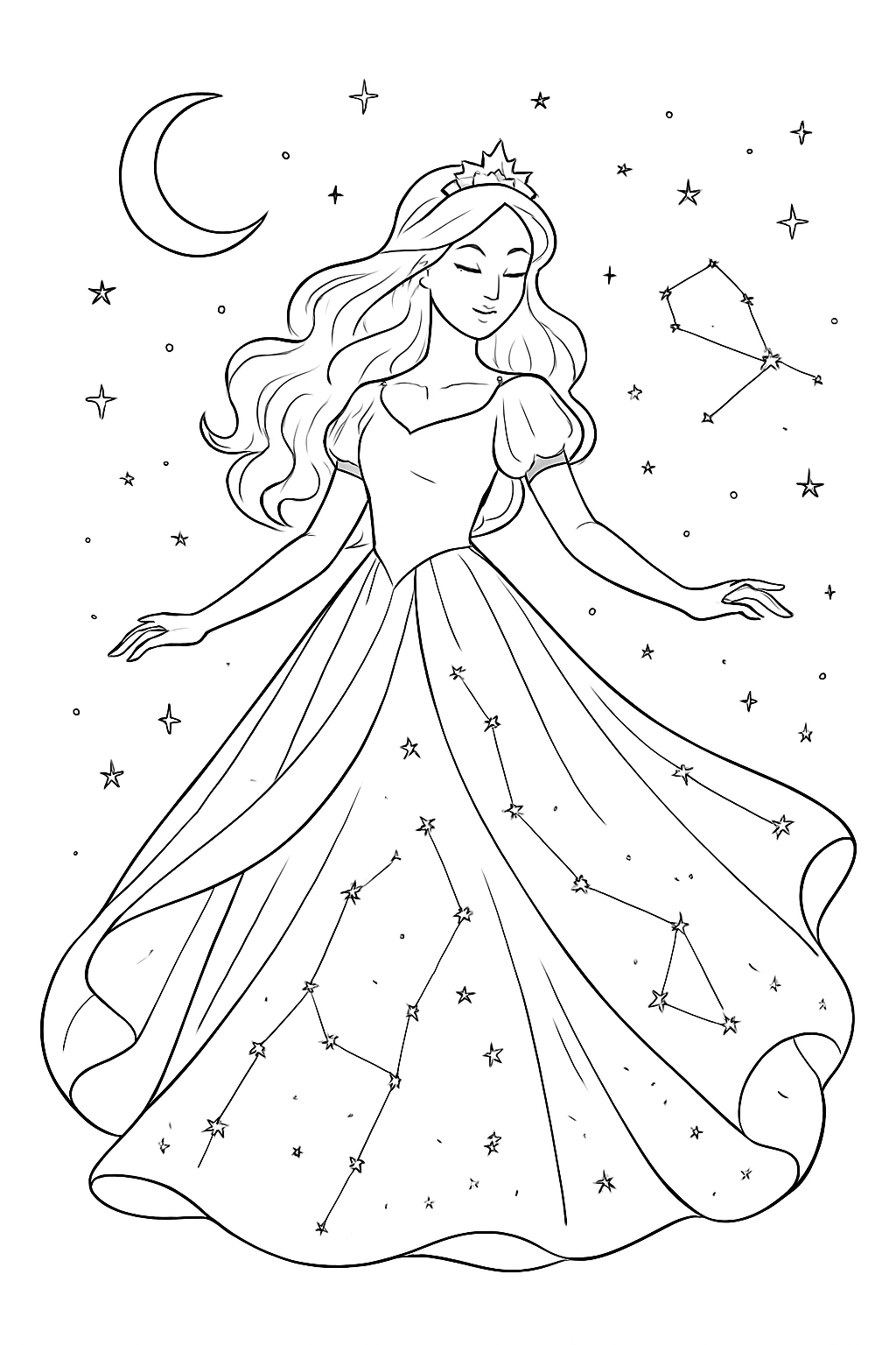 A beautiful celestial princess wearing a star-filled gown in this detailed celestial princess coloring page.
