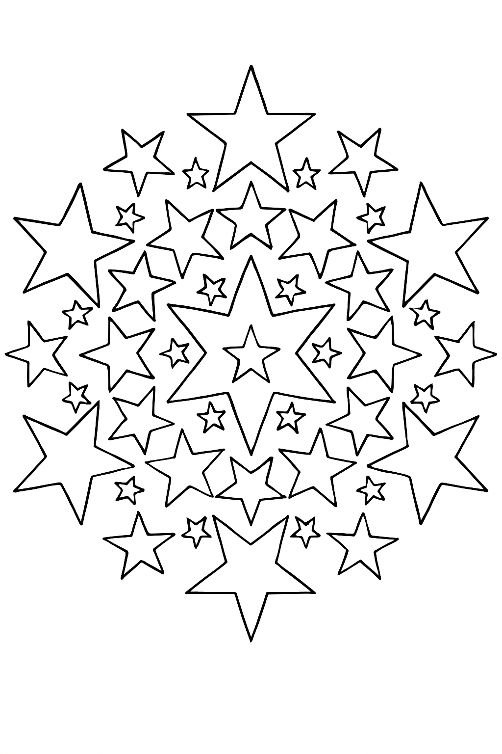 Intricate mandala design featuring various star shapes on this celestial star coloring page for kids and adults.
