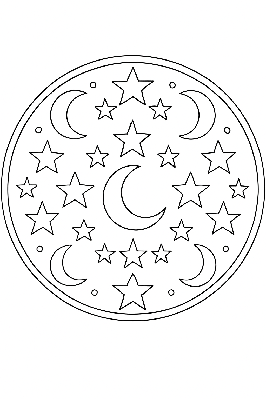 A detailed celestial stars coloring page with moons and geometric patterns in black and white line art.