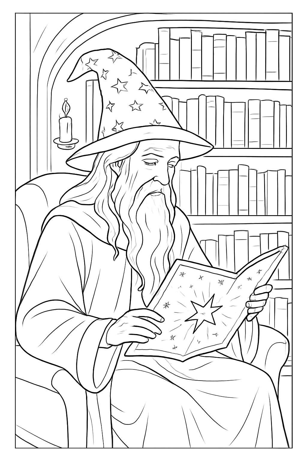 A detailed celestial wizard coloring page featuring a magical library scene.