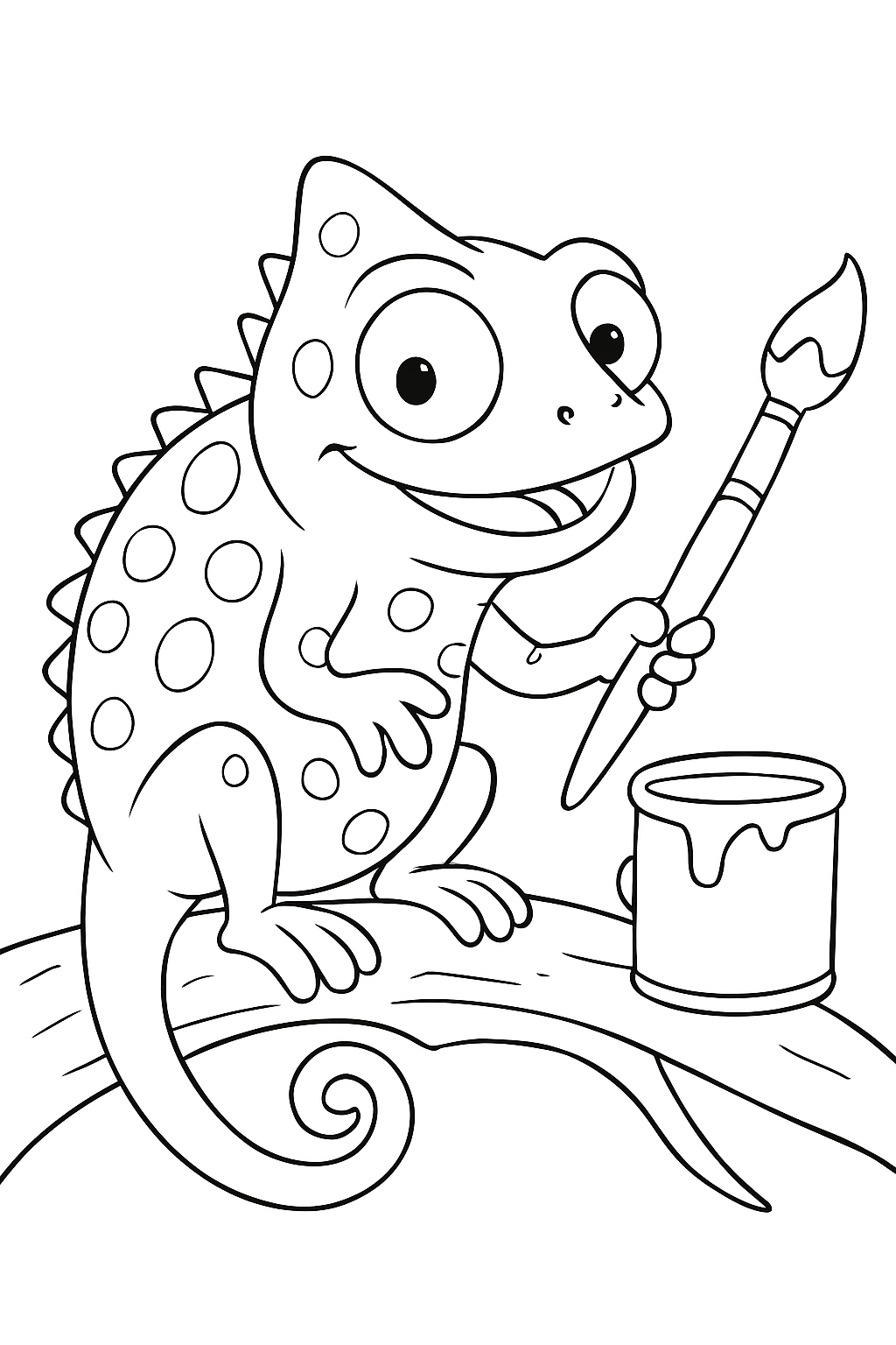 A happy chameleon painting spots on its back for a chameleon color exploration coloring page.