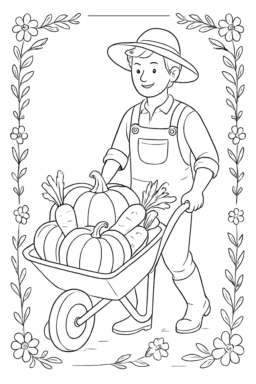 A cheerful market gardener pushing a heavy wheelbarrow of fresh vegetables in a farm setting coloring page.