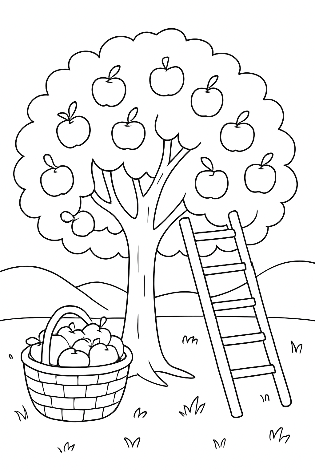 A peaceful orchard harvest coloring page featuring a basket of ripe apples under a tree.