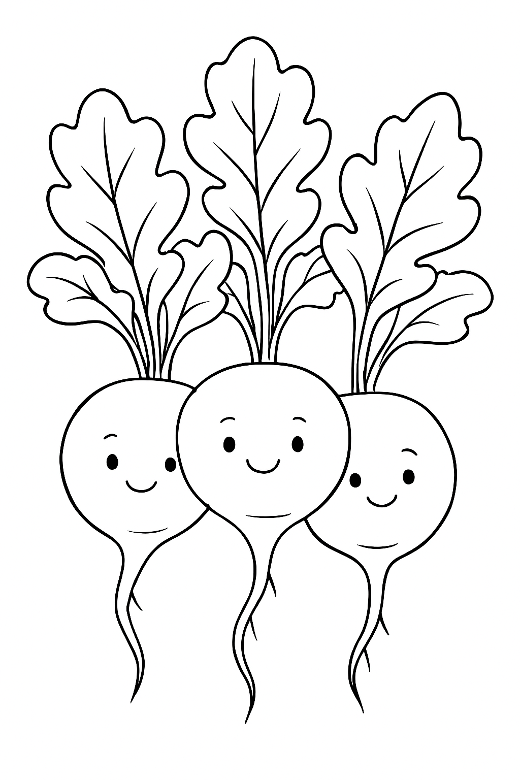 Three cute garden radishes with green tops on a radish vegetable coloring page.