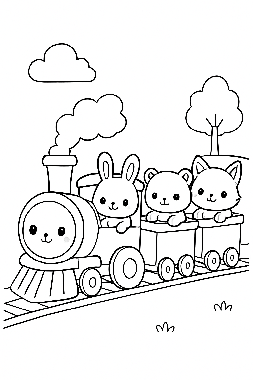 A cute animal train coloring page with smiling forest creatures riding in train cars.