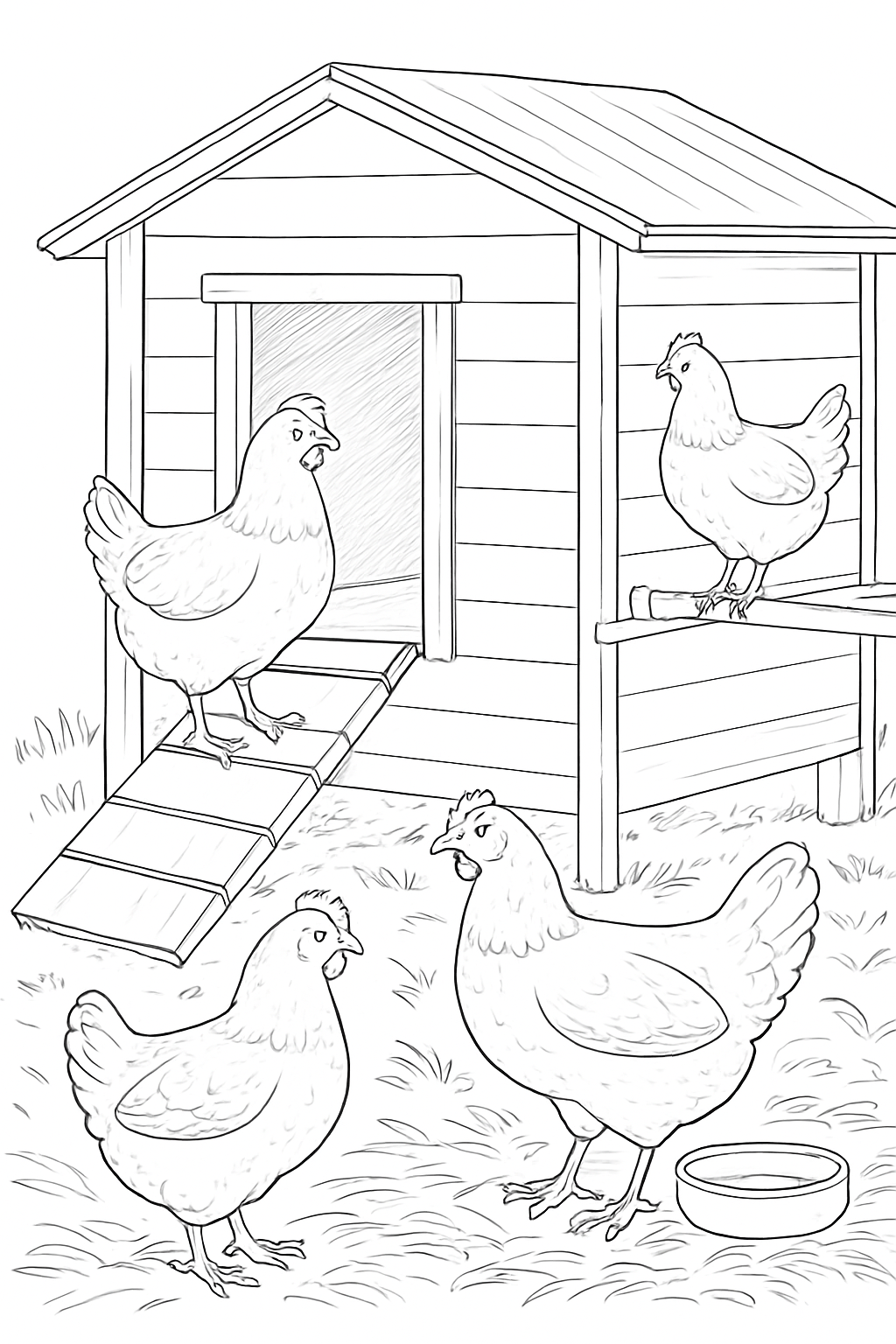 A realistic chicken coop with chickens and chicks in a detailed chicken coop coloring page.