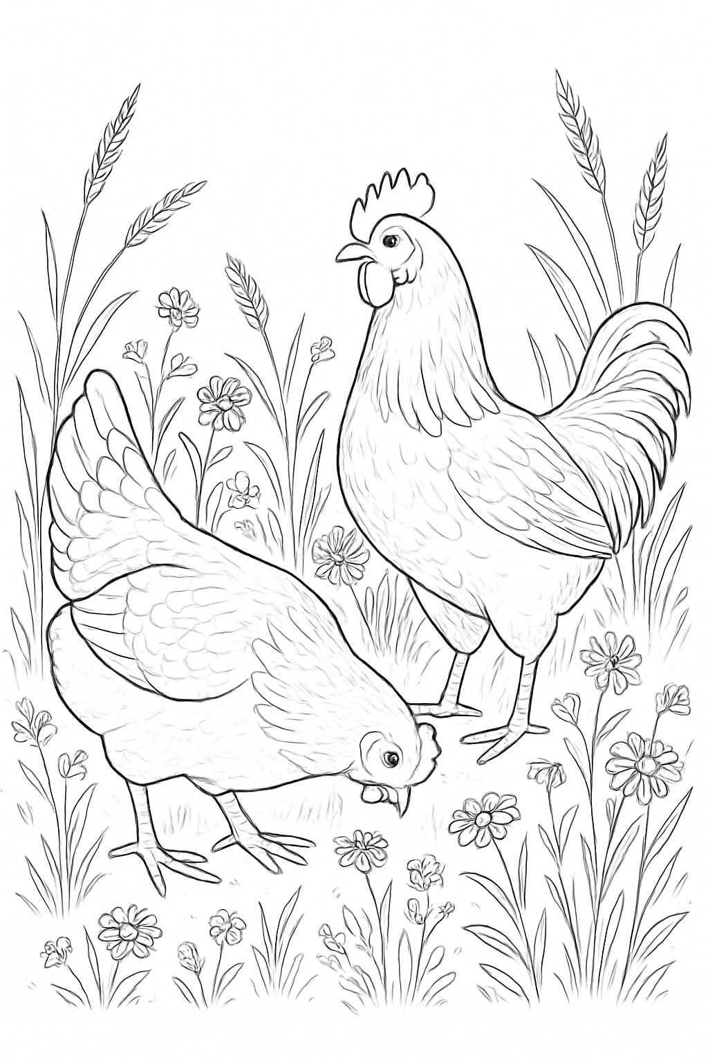 Detailed chickens in meadow coloring page with flowers and wheat