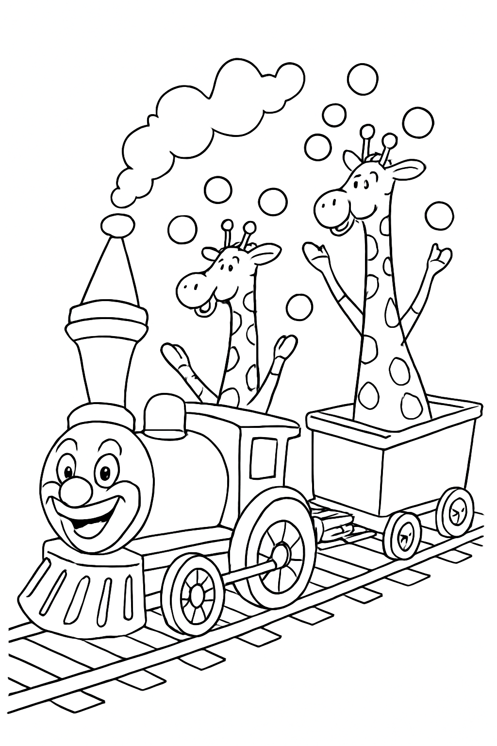 A happy circus train coloring page with clown locomotive and animals.