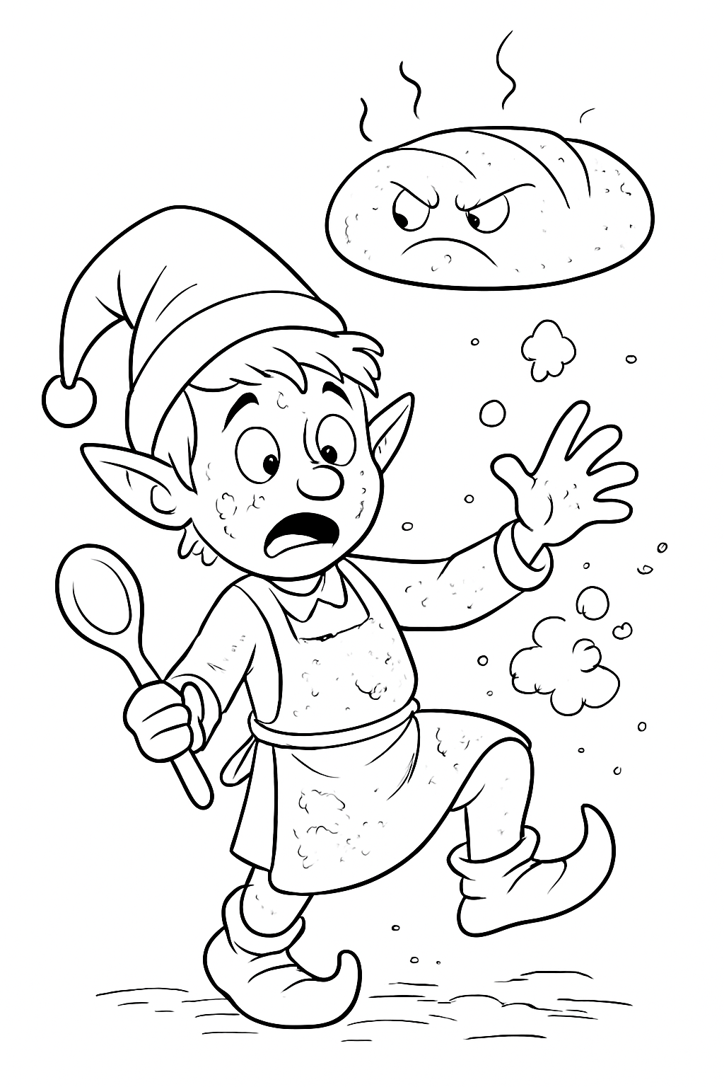 A funny, flour-covered elf in a magical kitchen on a clumsy elf baker coloring page.