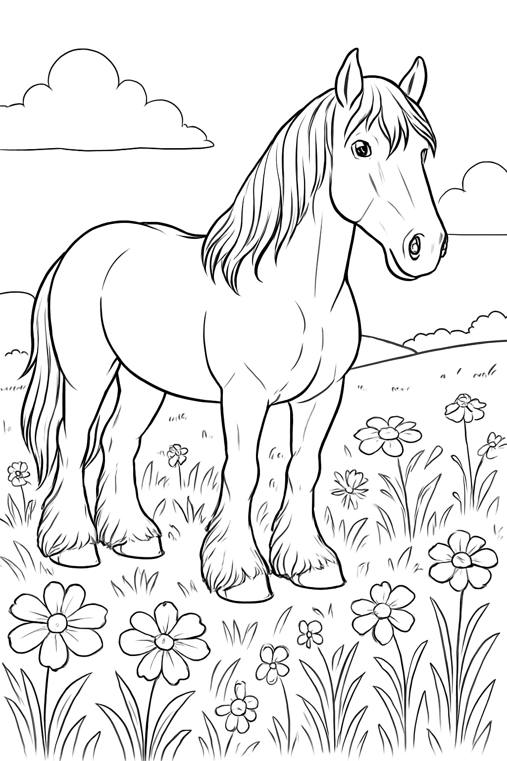 A peaceful Clydesdale standing in a wildflower field on a printable clydesdale horse coloring page.