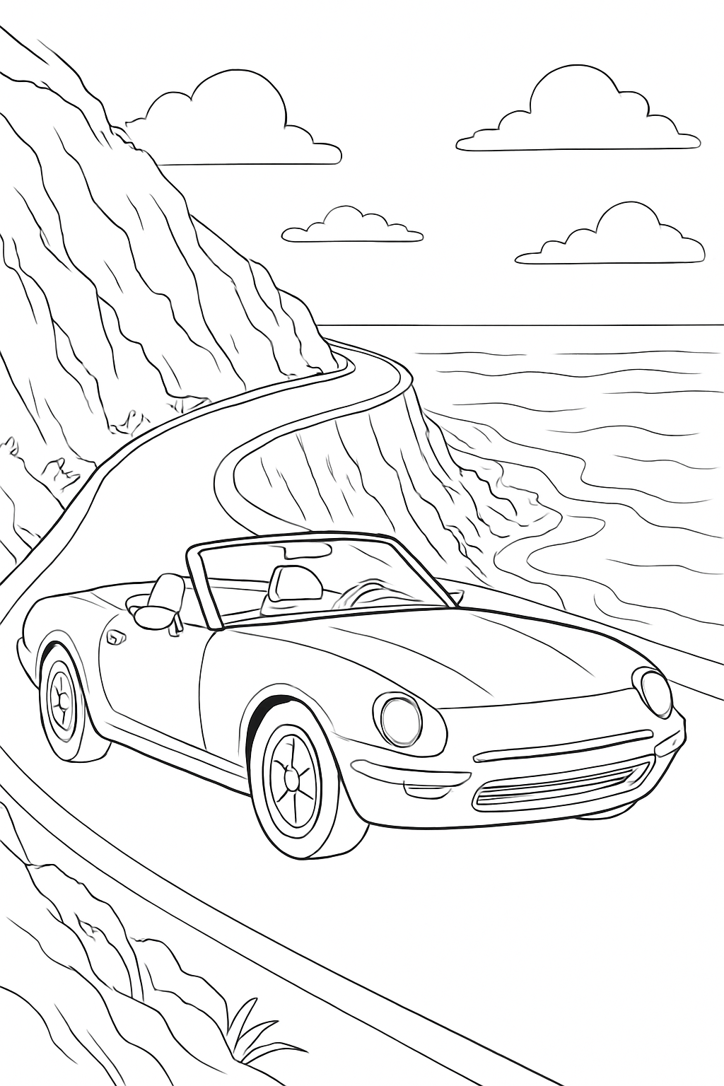Detailed coastal convertible coloring page featuring a scenic cliffside drive with ocean waves.