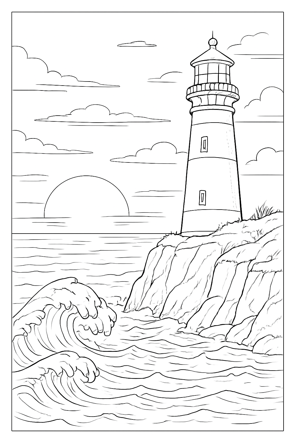A detailed coastal sunset coloring page featuring a lighthouse and crashing waves.