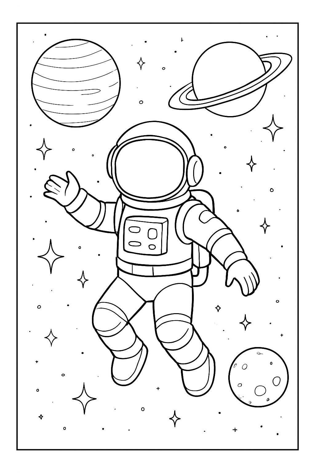 A detailed galaxy explorer coloring page showing an astronaut floating among stars and planets.