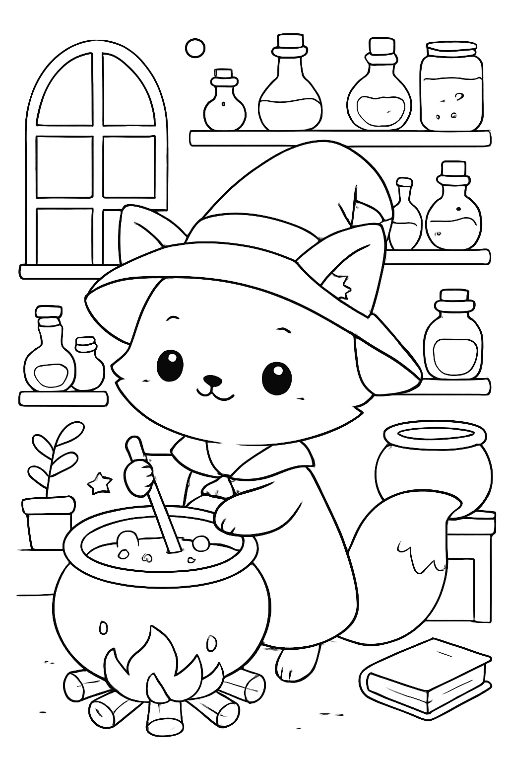 A cute fox witch mixing magical potions in a cosy potion shop coloring page.