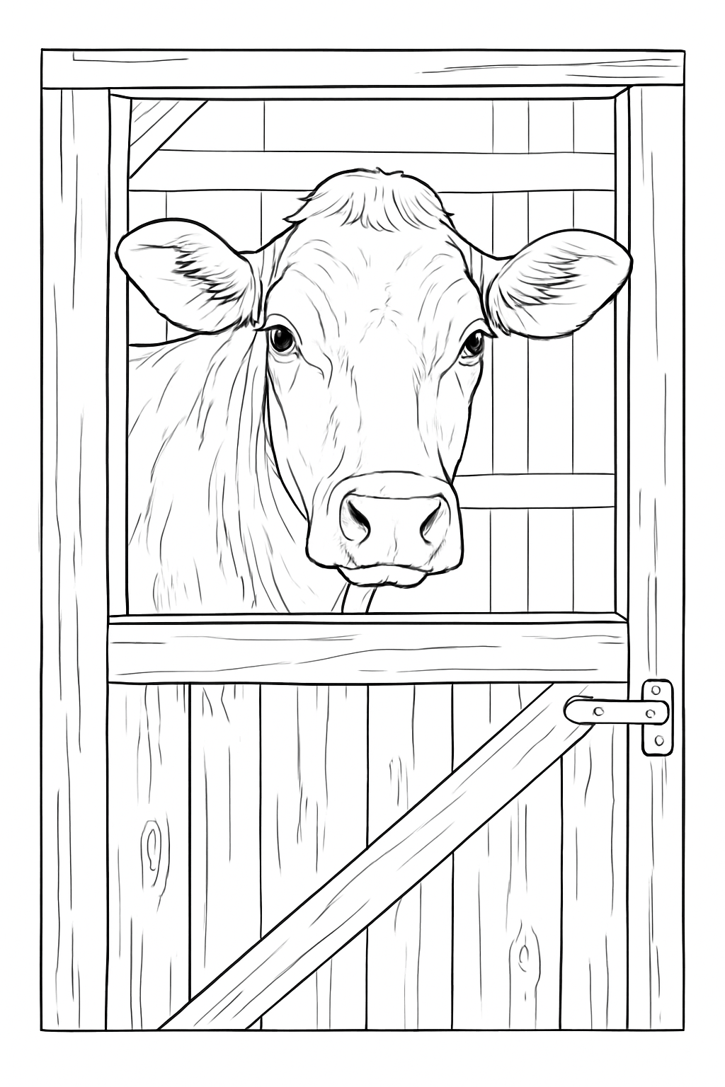 A realistic cow in a barn coloring page featuring clear lines and a rustic stable setting.