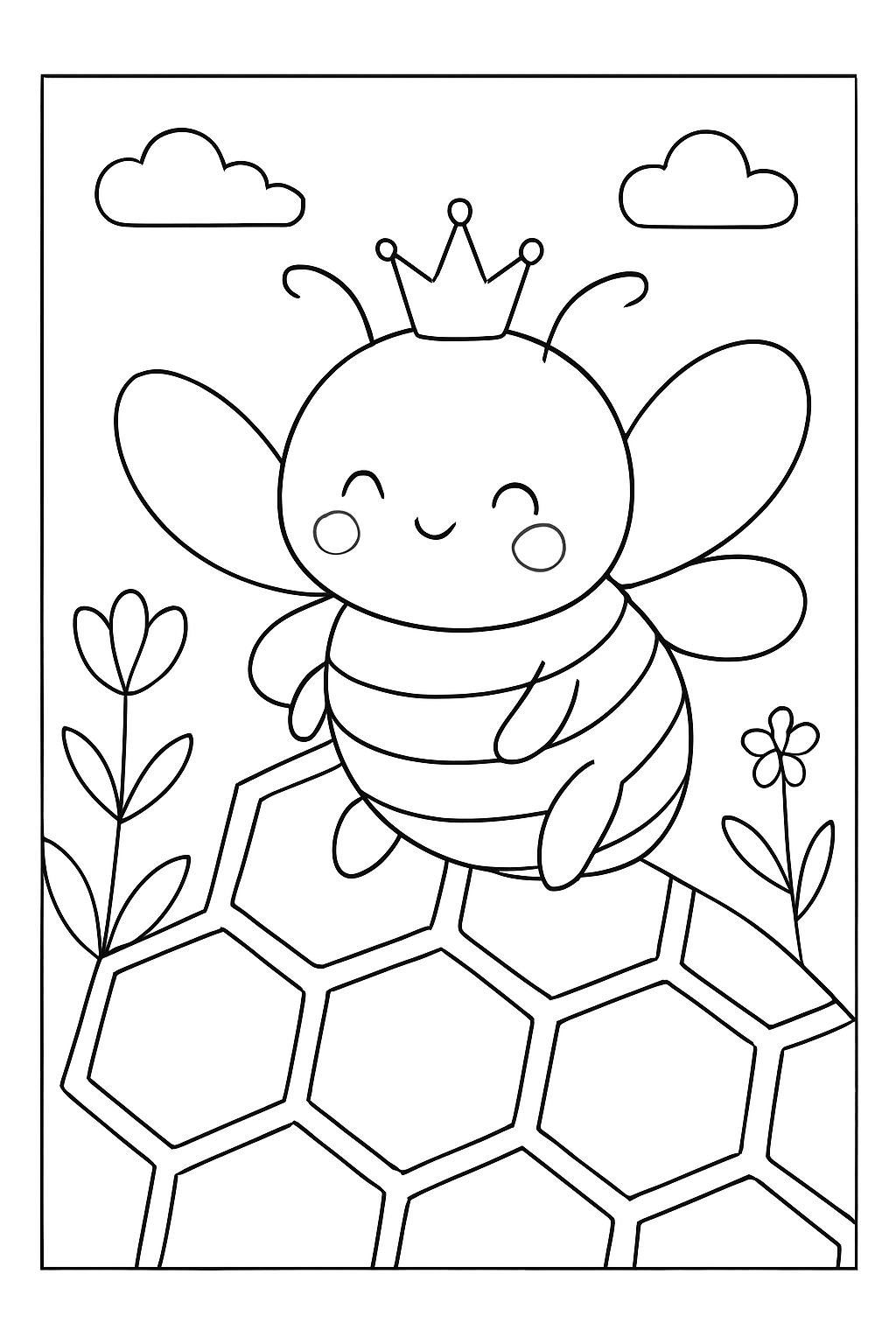 A happy bee resting on a honeycomb in this cozy bee hive coloring page.