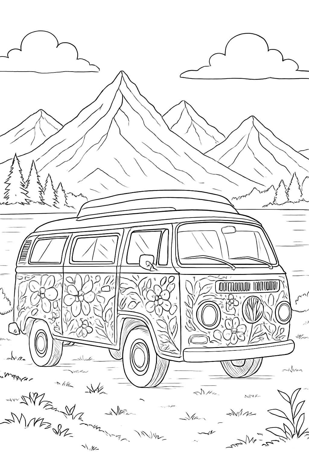 Detailed camper van coloring page featuring floral designs and a mountain landscape.
