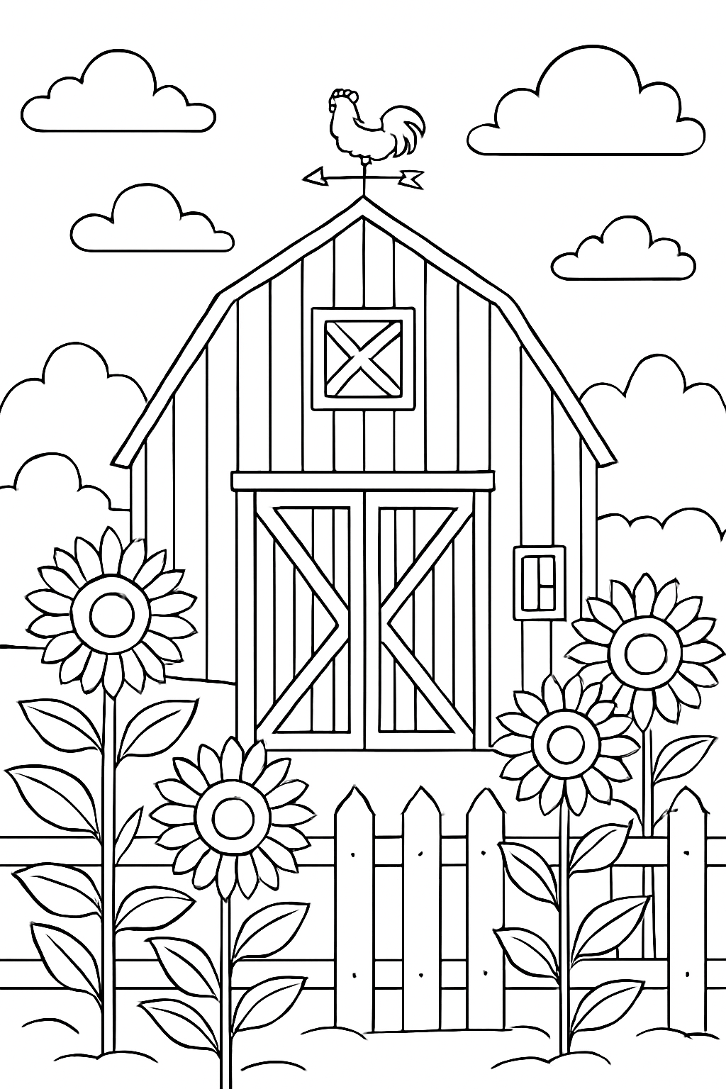 A detailed cozy country barn coloring page featuring flowers and a wooden fence.