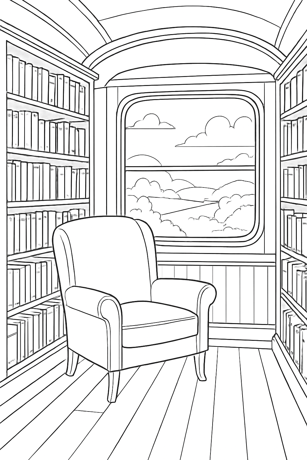 A peaceful library train coloring page featuring bookshelves and a reading chair.