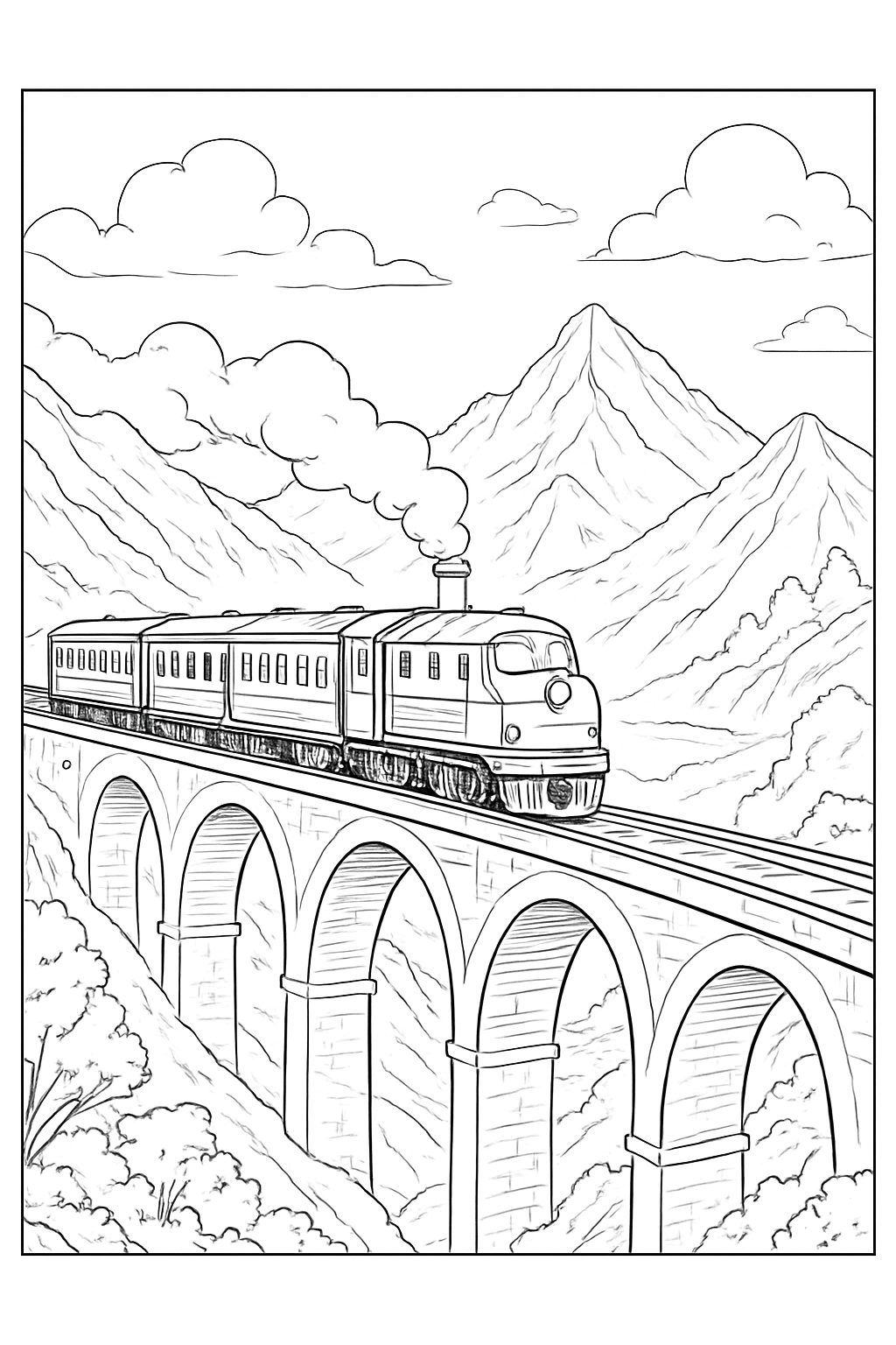 A detailed mountain train coloring page featuring a scenic locomotive crossing a bridge.