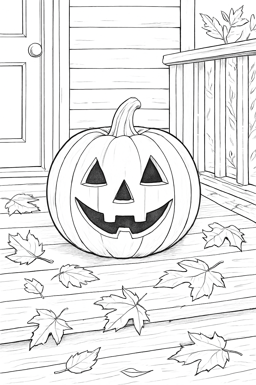 Detailed cozy porch jack o lantern coloring page with autumn leaves