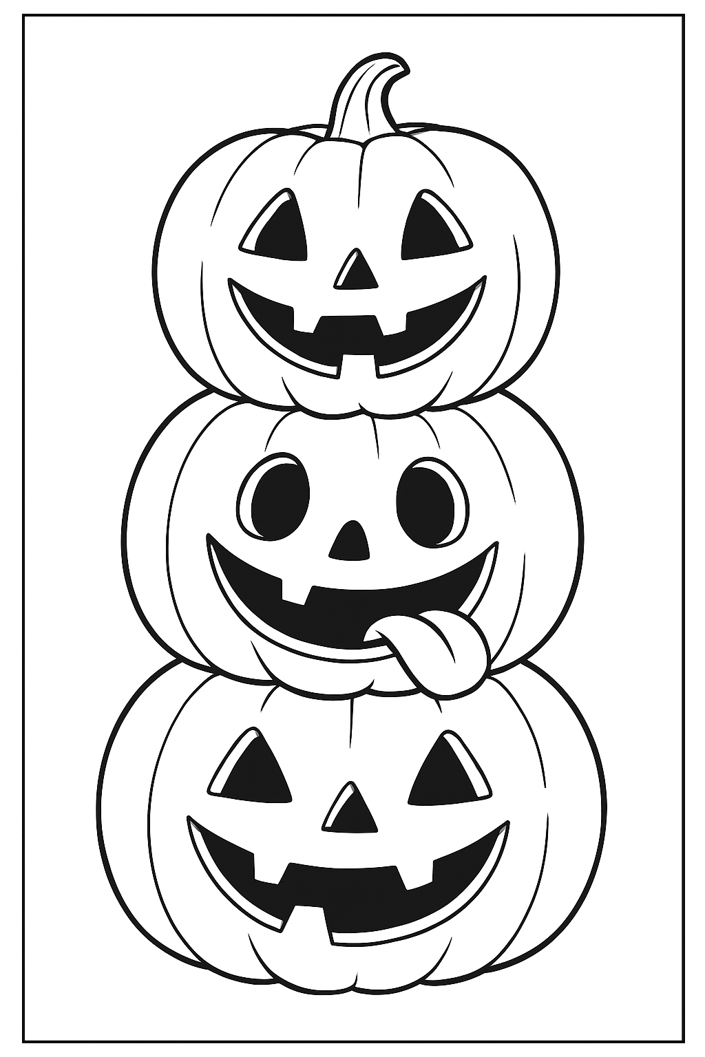 A cute jack o lantern stack coloring page with bold lines and large spaces for kids and adults.