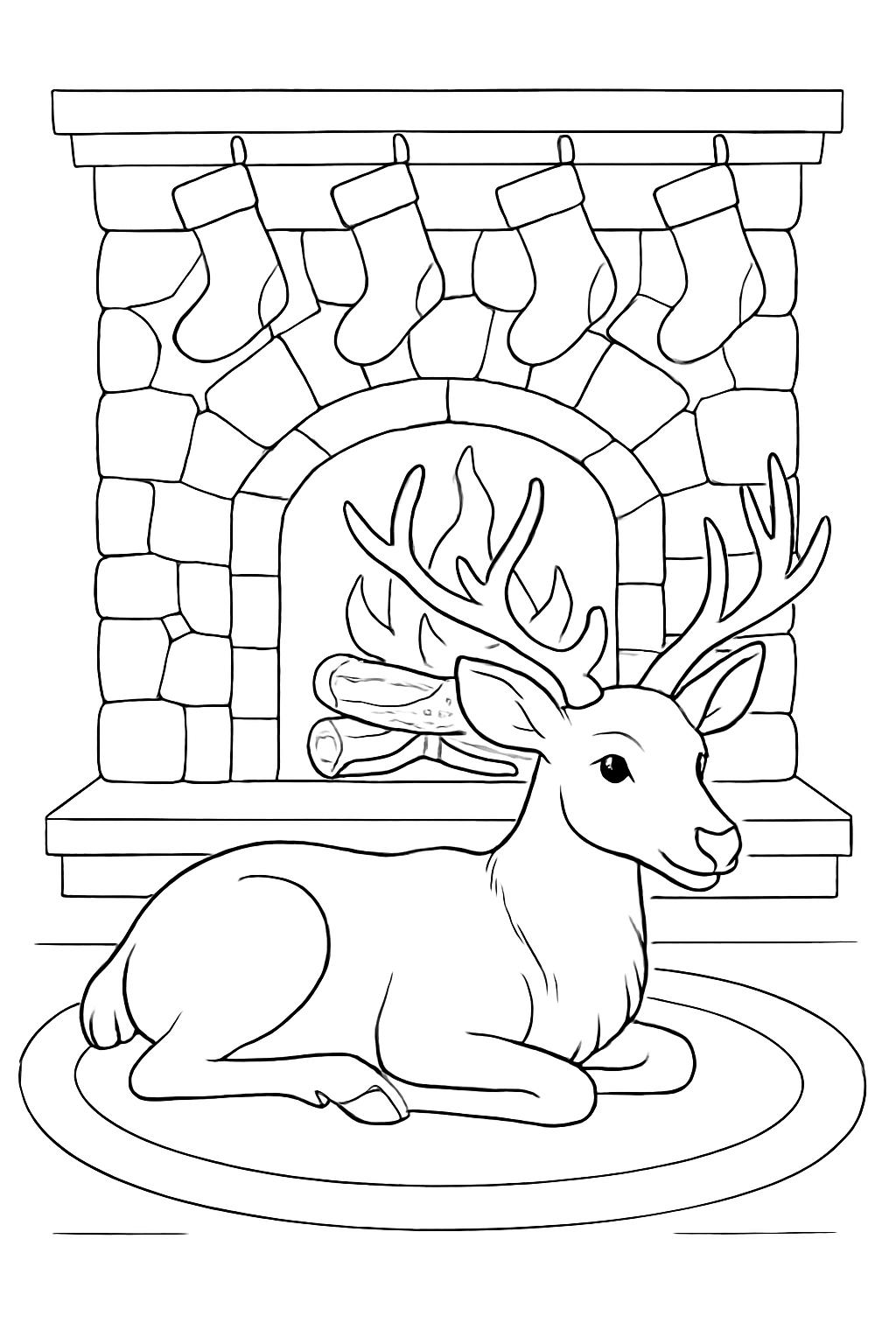 A peaceful reindeer resting by a crackling fireplace on this festive reindeer by the fireplace coloring page.