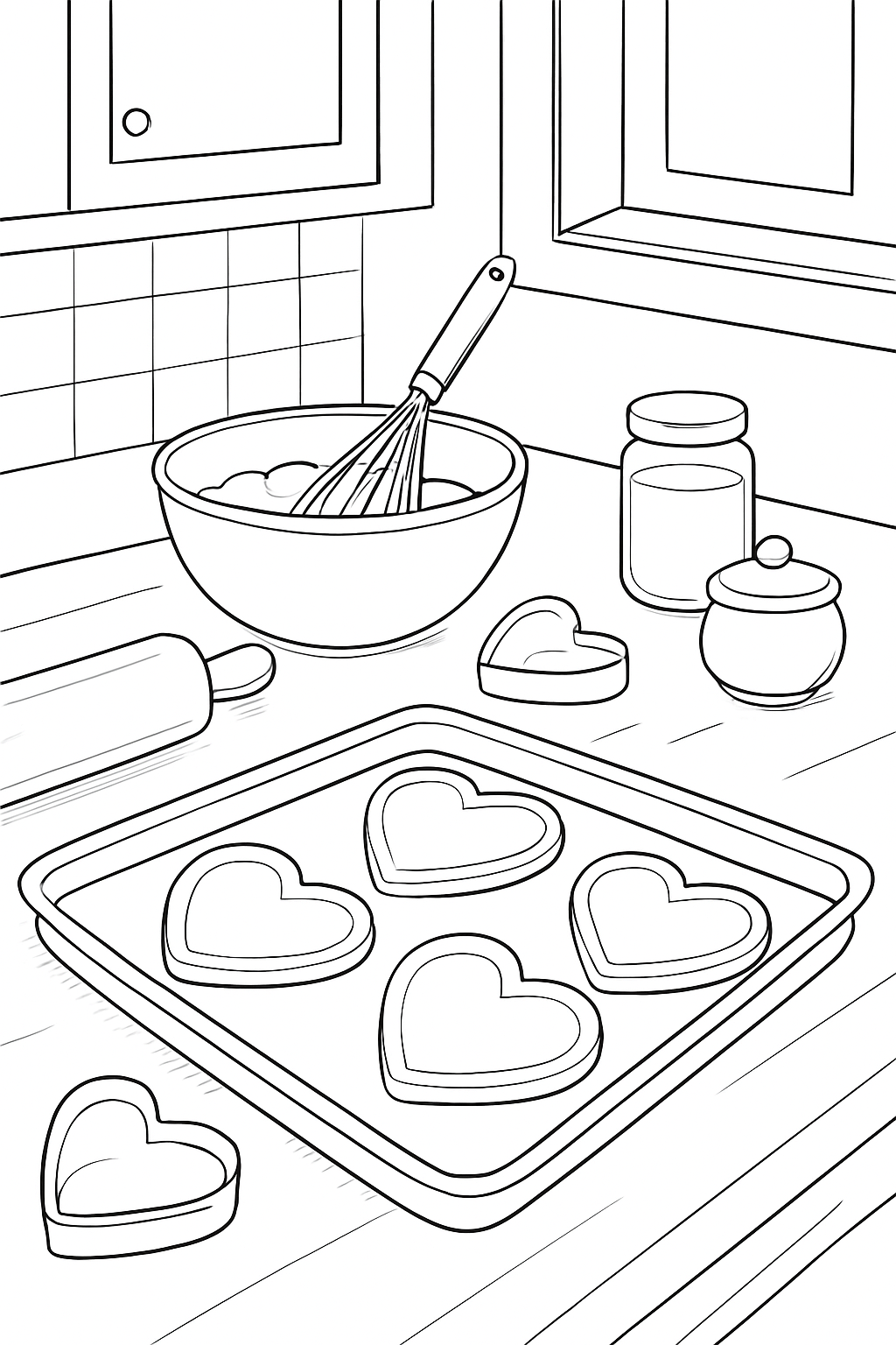 A detailed valentines baking coloring page showing heart-shaped cookies on a kitchen counter.