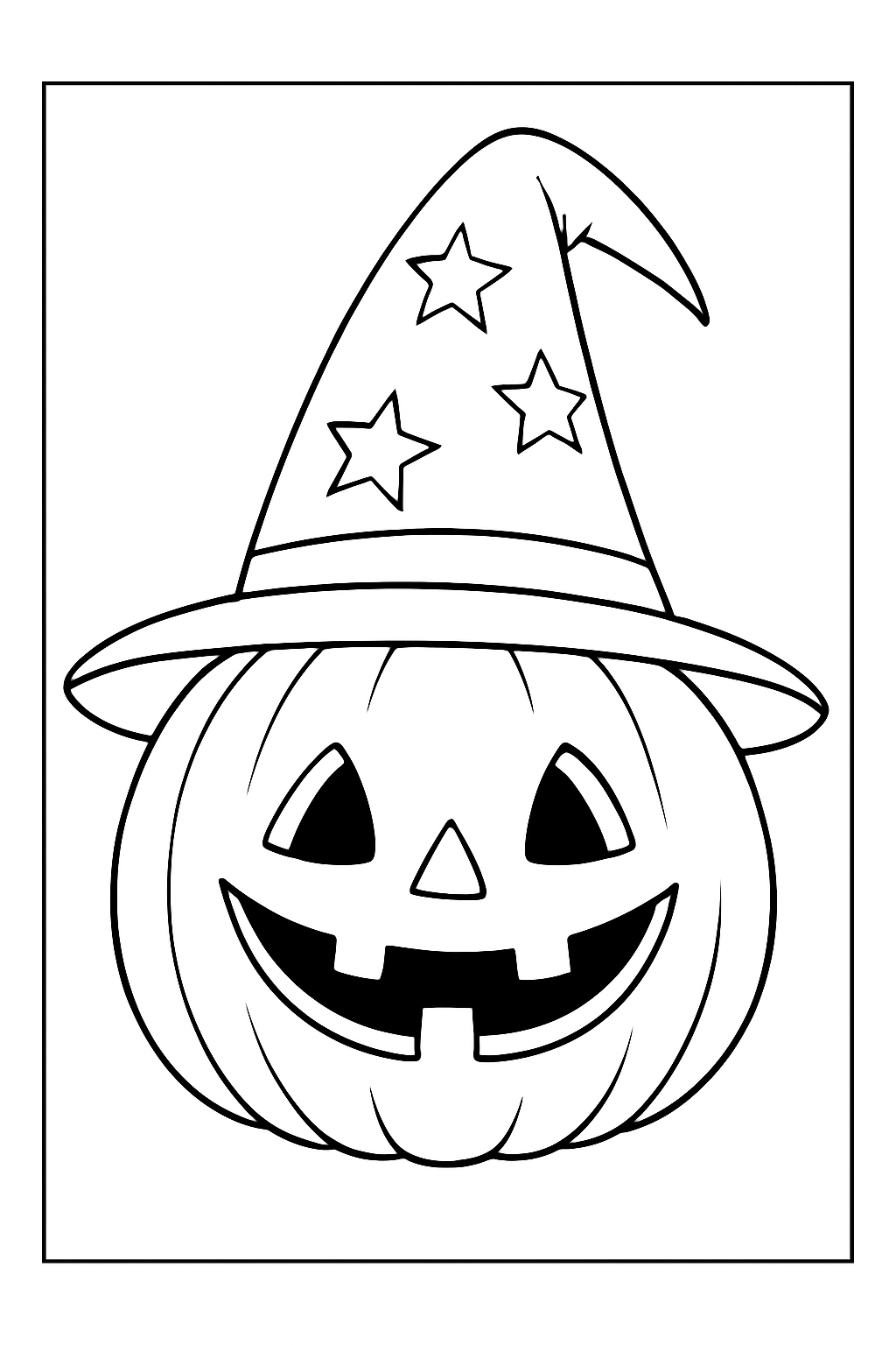 A happy witch jack o lantern coloring page with a star-patterned hat and large, easy-to-color sections.
