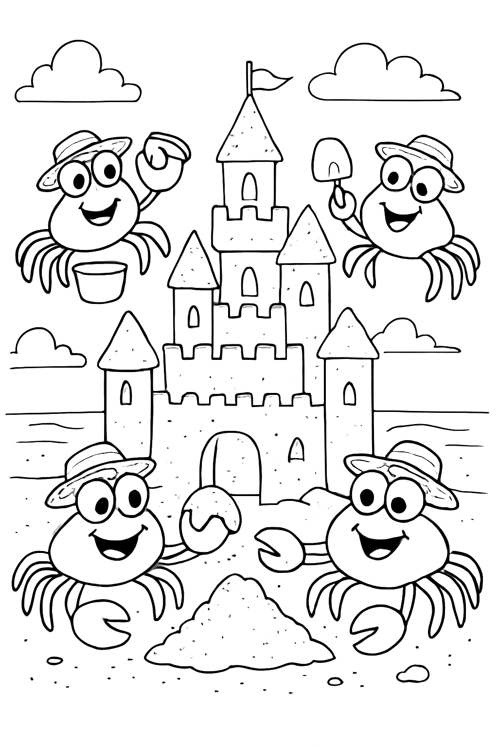 Funny crabs building a sandcastle on a beach animals coloring page.