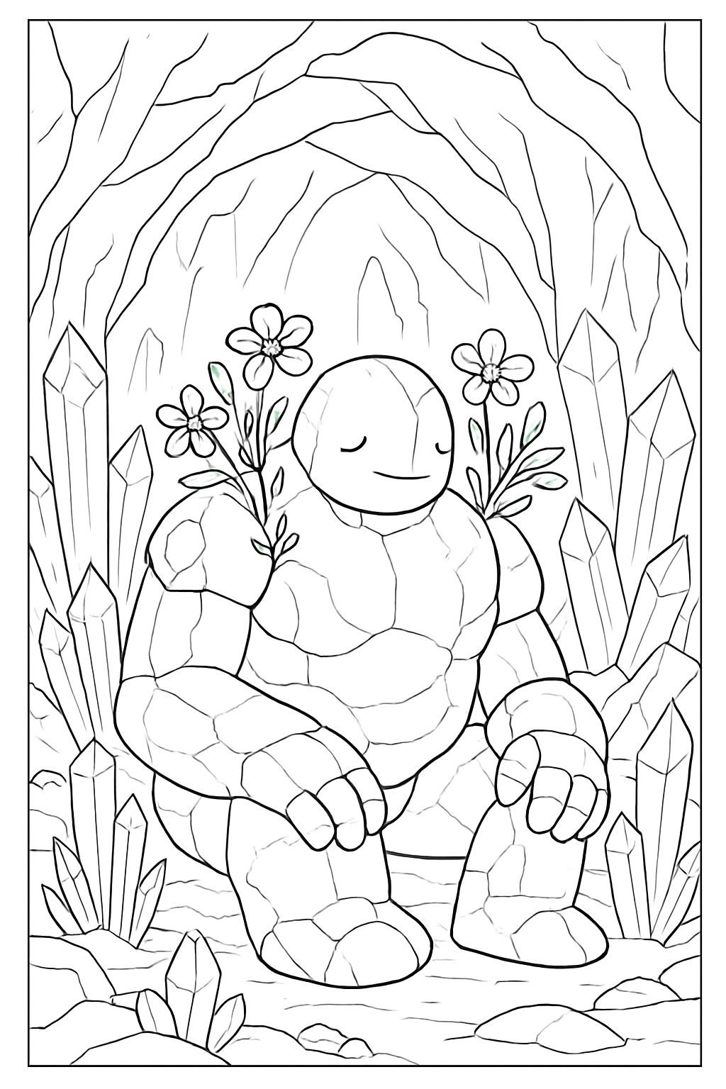 A gentle stone golem sitting in a magical cave on a crystal cave golem coloring page.