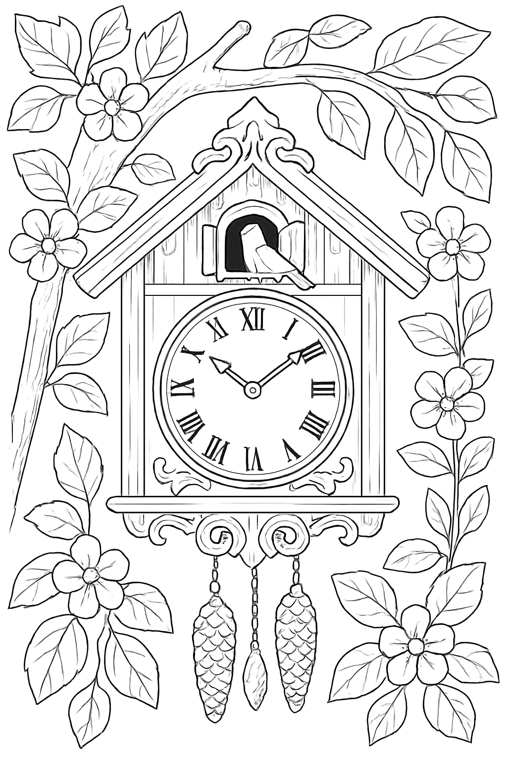 A beautiful cuckoo clock coloring page featuring forest elements and clear lines.