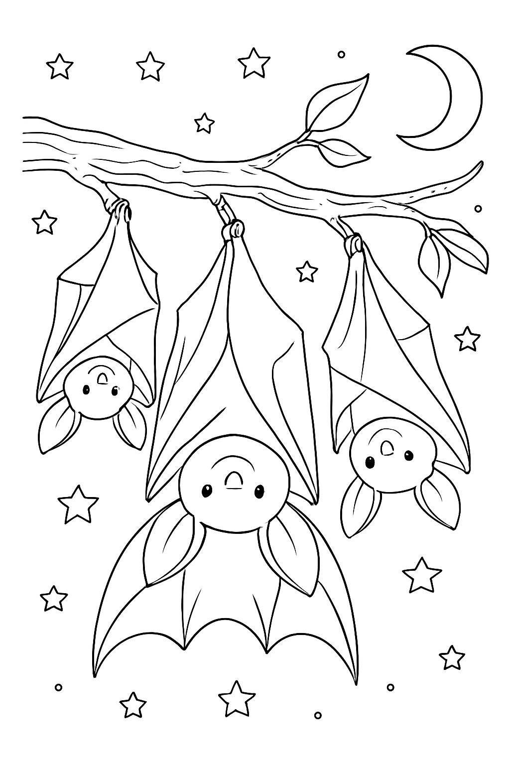 A friendly bat coloring page featuring cute winged creatures hanging from a branch under a crescent moon.