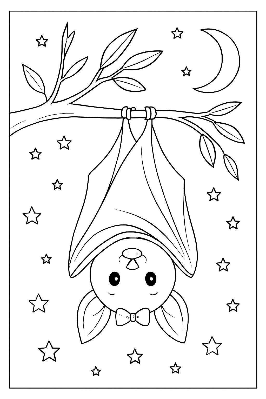 A friendly hanging bat wearing a bowtie in a detailed hanging bat coloring page.