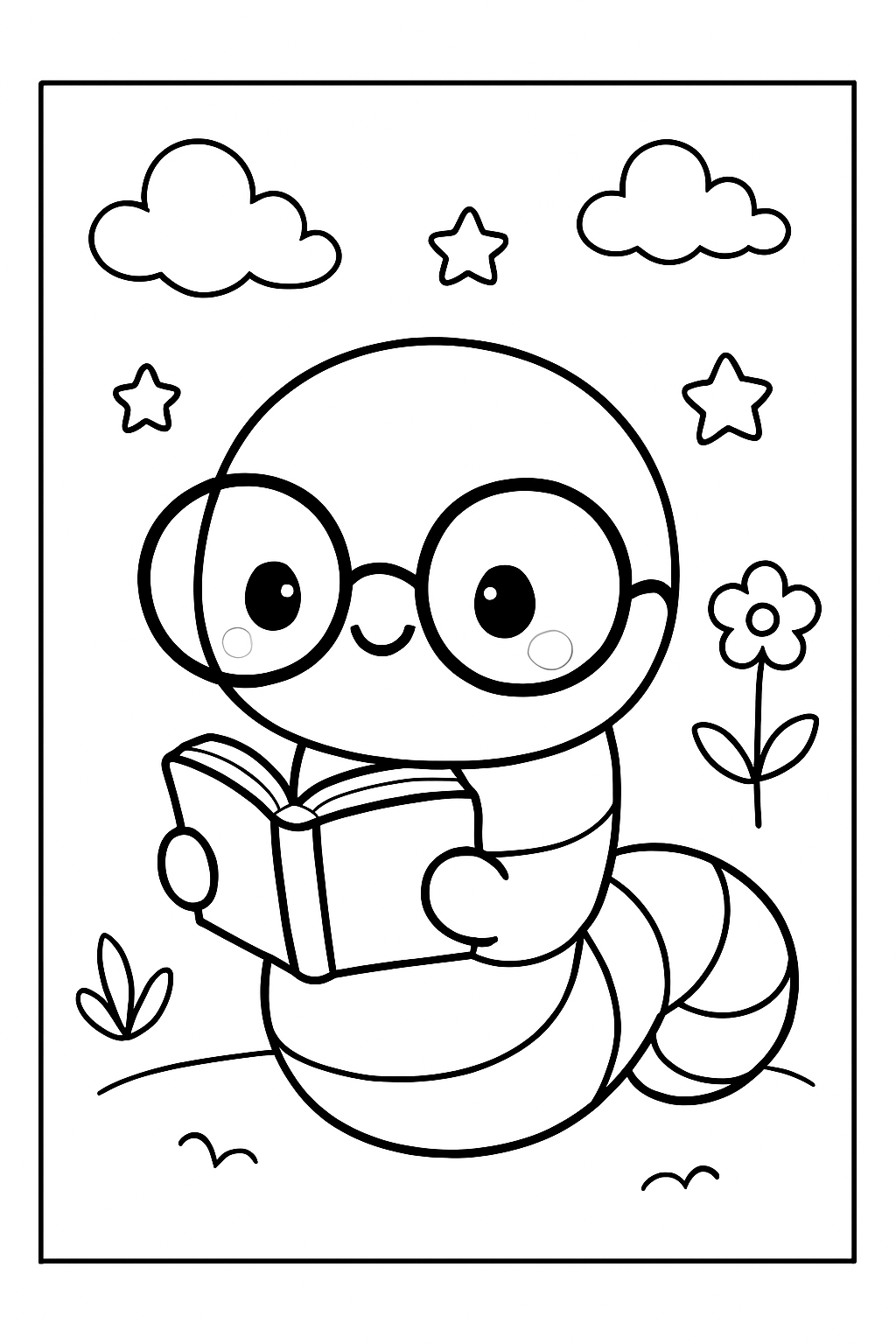 A smiling bookworm wearing glasses reading a book on this cute bookworm coloring page.