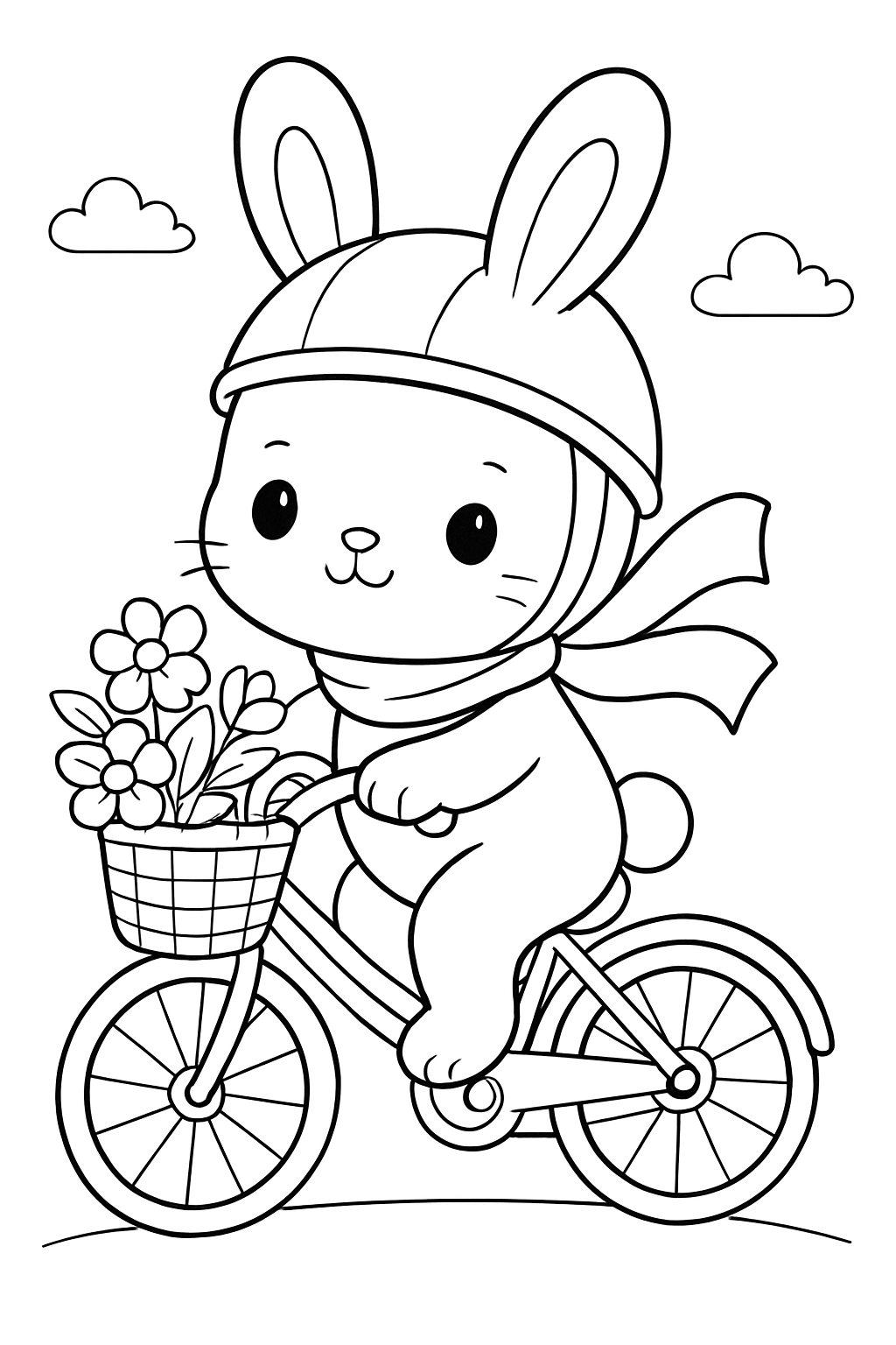 A cute rabbit riding a bicycle in a beautiful garden on this bunny cyclist coloring page.