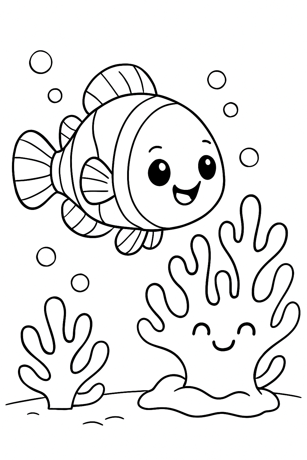 A happy clownfish swimming in a coral reef on a fun clownfish coloring page.