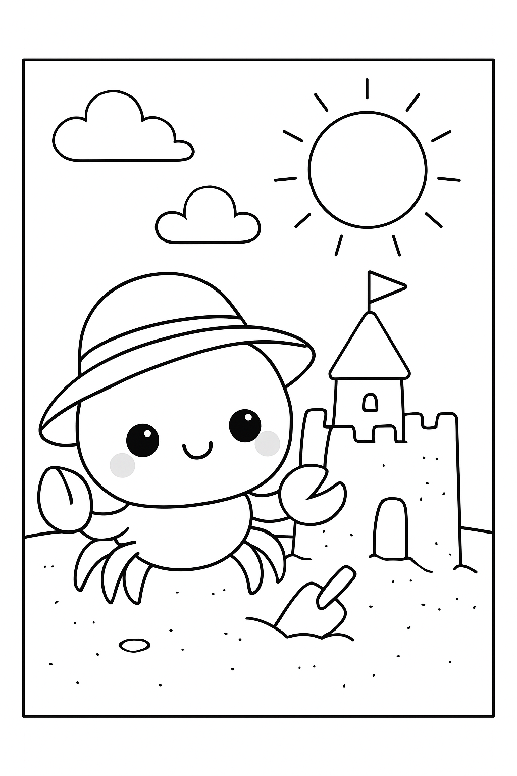A happy kawaii crab building a sandcastle on a sunny beach, cute crab coloring page.