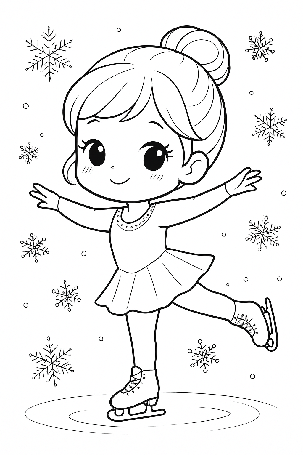 A happy chibi figure skater performing on ice in this detailed figure skater coloring page.