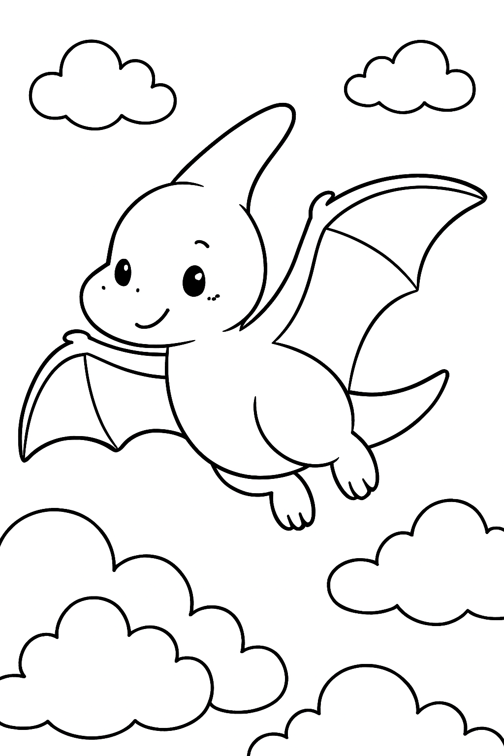 A super cute, happy pterodactyl flying among clouds on a printable coloring page.