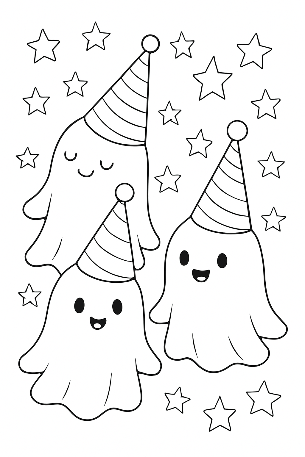 Three happy ghosts wearing colorful party hats in this easy ghost coloring page.